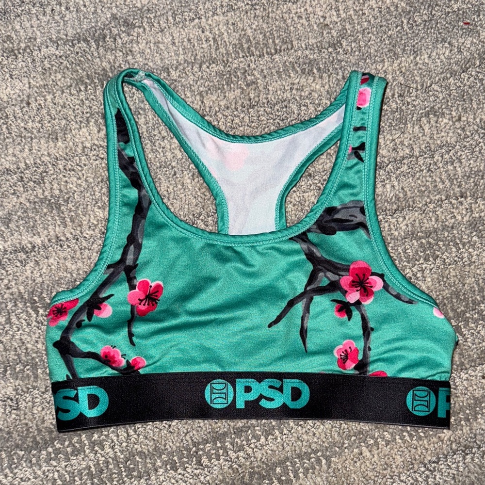 PSD Teal Floral Sports Bra with Pink Blossoms